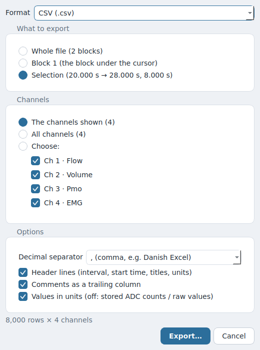 The Adichtion export dialog set to CSV with a decimal comma.