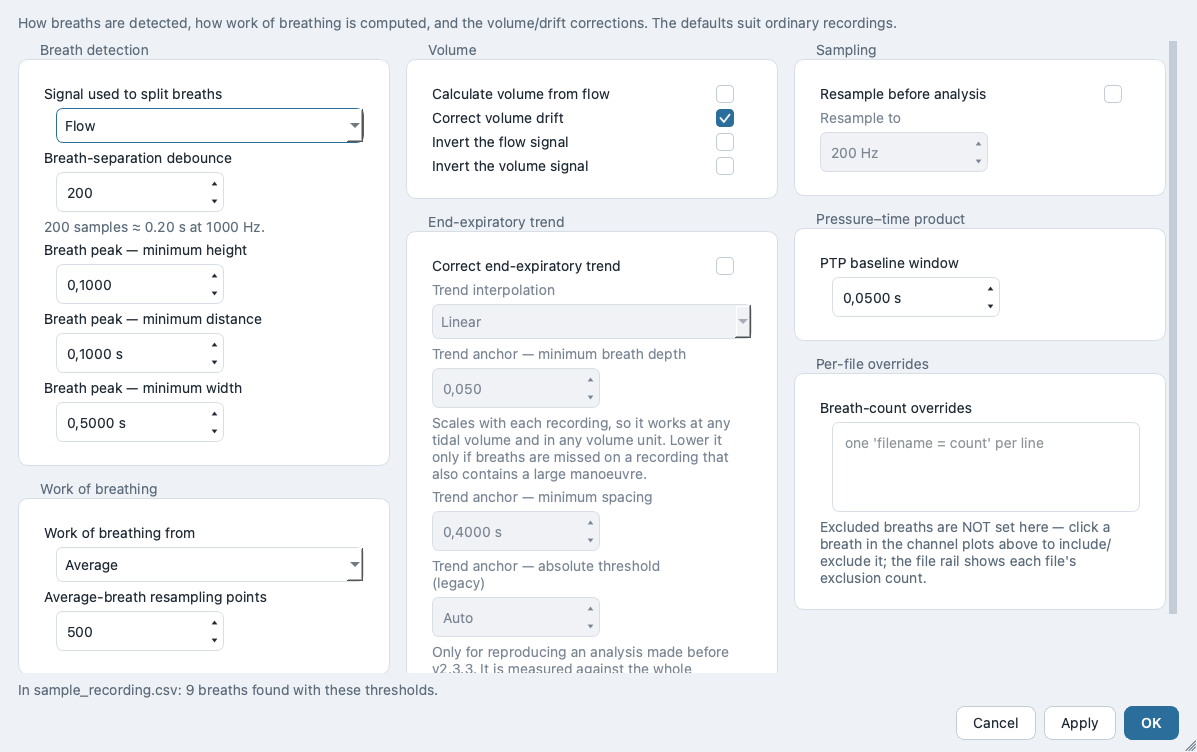Mechanics Advanced modal listing segmentation, work-of-breathing, PTP, volume and drift, resampling and breath-count override controls, each with a TOML-path tooltip