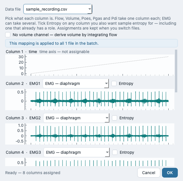 The Assign channels dialog plotting each data column as a trace, with a role dropdown per column for flow, volume, Poes, Pgas and Pdi and per-column Entropy tickboxes.