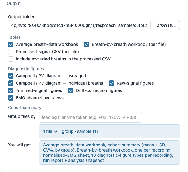 The Setup Output card with an output-folder field, a Tables checklist, a Diagnostic figures checklist, a Group files by box, and a live You will get line summarising the deliverables.