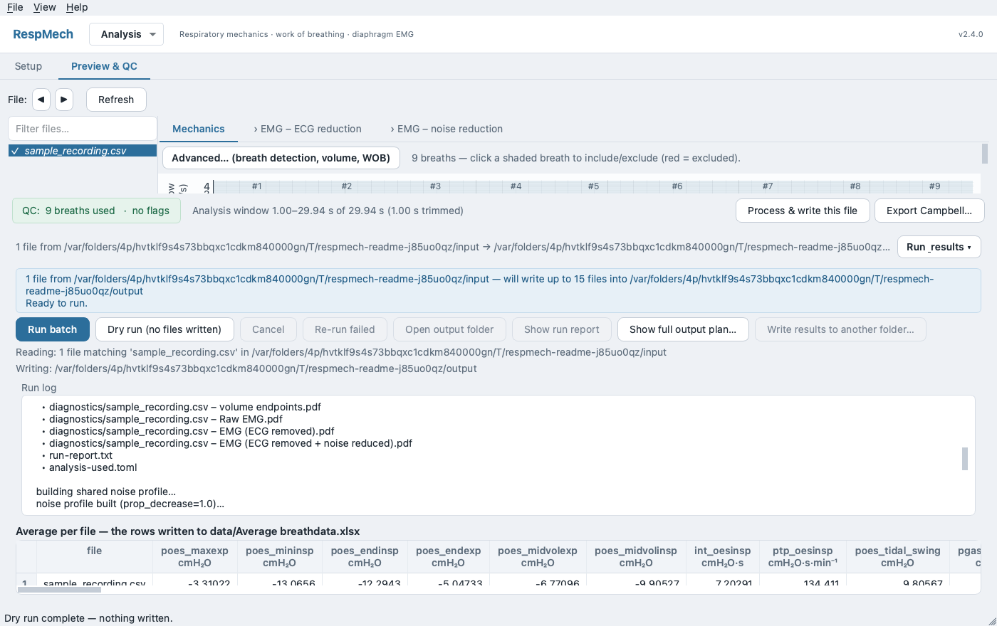 RespMech Preview & QC with the Run & results drawer opened beneath the file list: the run controls, a run log, and the averaged per-file metrics table.