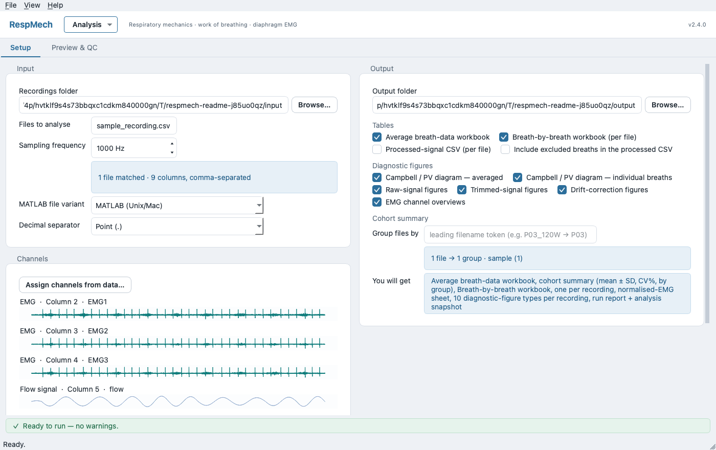 RespMech Setup tab in two columns: recordings folder, sampling frequency and a per-channel preview with waveform thumbnails on the left; output folder, tables, diagnostic figures and cohort summary on the right, above a green ‘Ready to run — no warnings’ status.